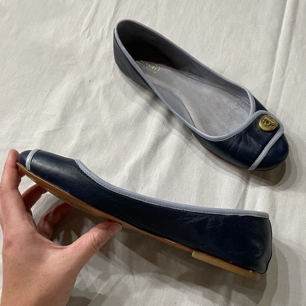 Coach Noel Leather Calfskin Flats Brass Locks Navy Light Blue 8B